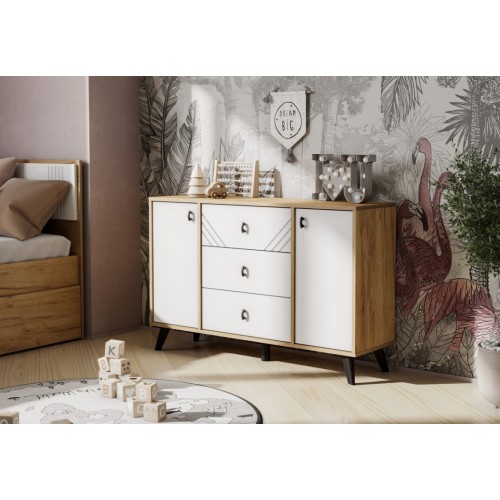 Комод 3 ящика двухстворчатый Байкал, Дуб Золотой, Белый матовый